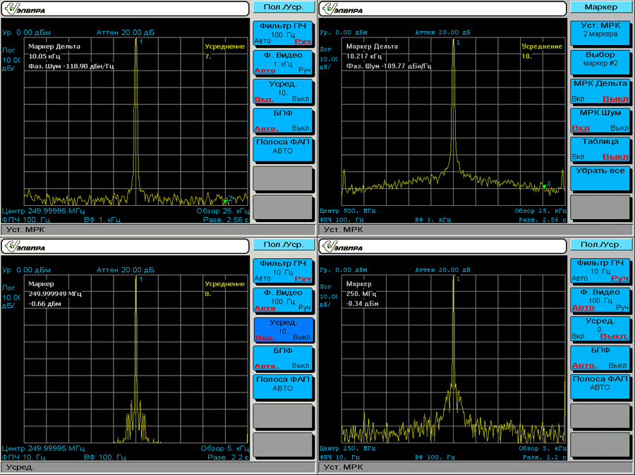  Преимущества опции 003 СК4-БЕЛАН 32 по сравнению со стандартной комплектацией. На верхних графиках показаны фазовые шумы стандартной комплектации (справа) и опции 003 (слева) на частоте 500МГц в полосе 25кГц. На нижних графиках показаны фазовые шумы стандартной комплектации (справа) и опции 003 (слева) на частоте 250МГц в полосе 5кГц. Для эксперимента использовался один и тот же генератор (Rohde & Schwarz SMHU). Как видно из графиков, наиболее серьезные отличия имеют место в зоне ближних отстроек.