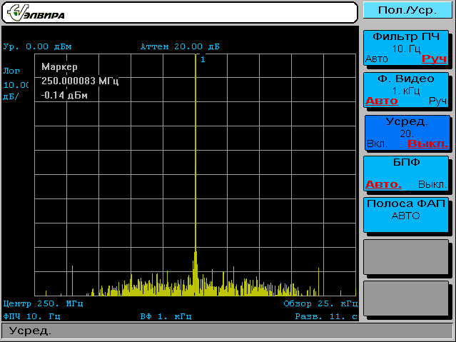  Фазовые шумы прибора с опцией 003 на частоте 100МГц при полосе обзора 100Гц (отстройка 10Гц). Для визуализации фазовых шумов установлен масштаб 11дБ/деление. Сигнал подавался с калибровочного выхода 100МГц, потому что в такой узкой полосе шумы SMHU выше.